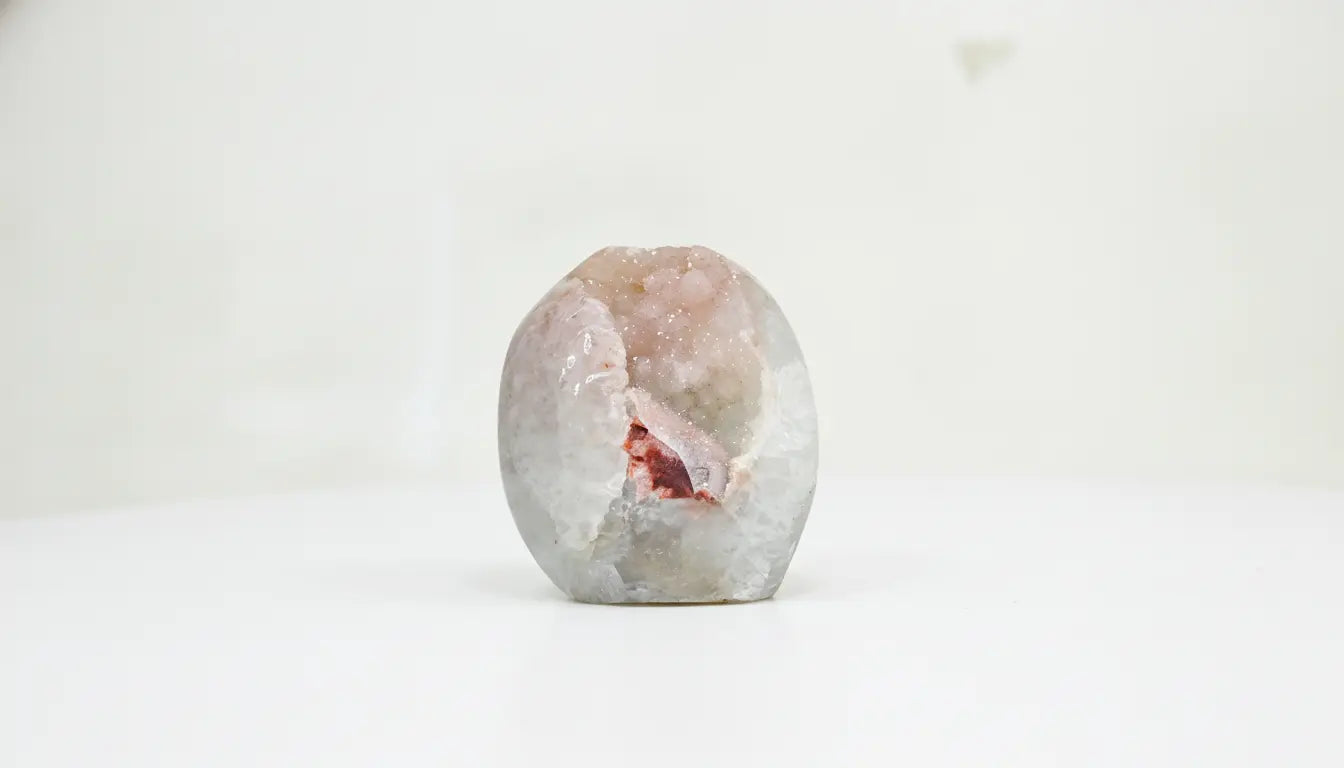 Heather · Cut-Base Pink Quartz, Polished, with Calcite | Amethystore